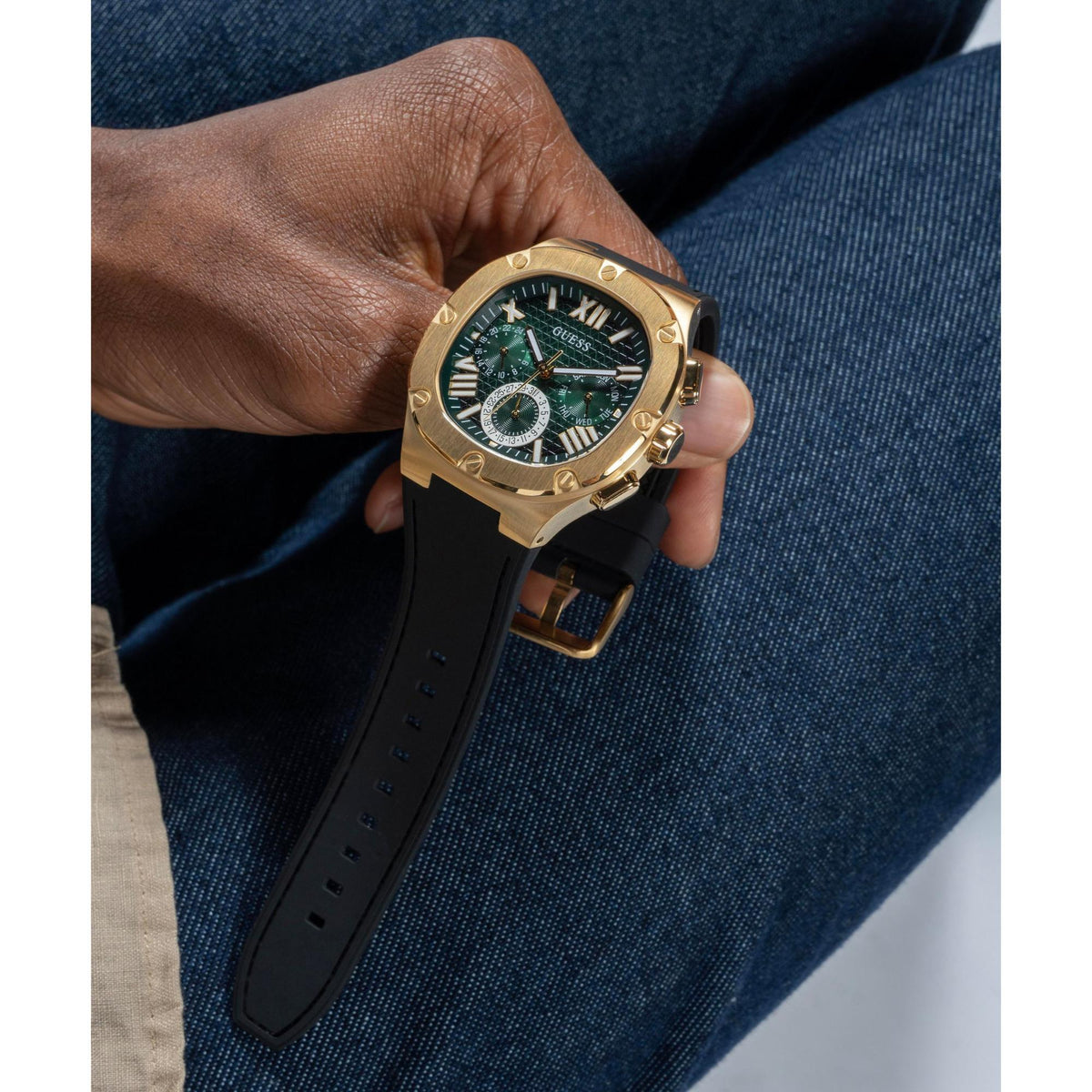 Men’s wrist watch with green multi-function dial and black silicone strap