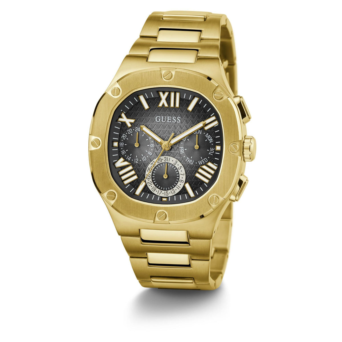 Gold tone men's watch with black dial and multi-function chronograph subdials