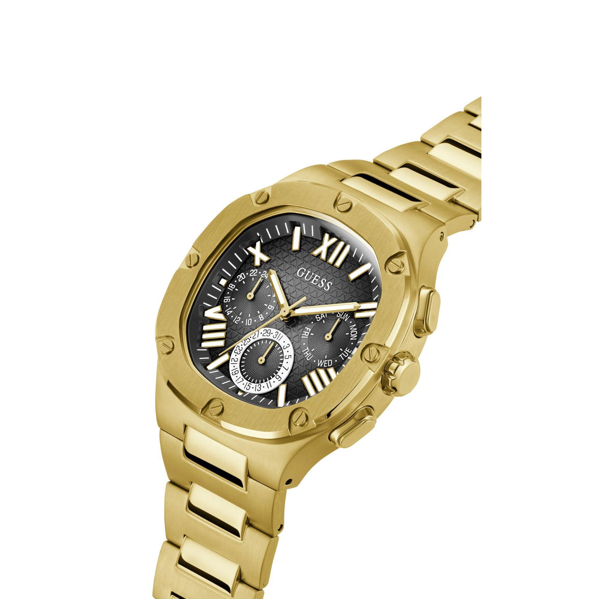 Gold tone men's watch with black dial, Roman numerals, and three chronograph subdials