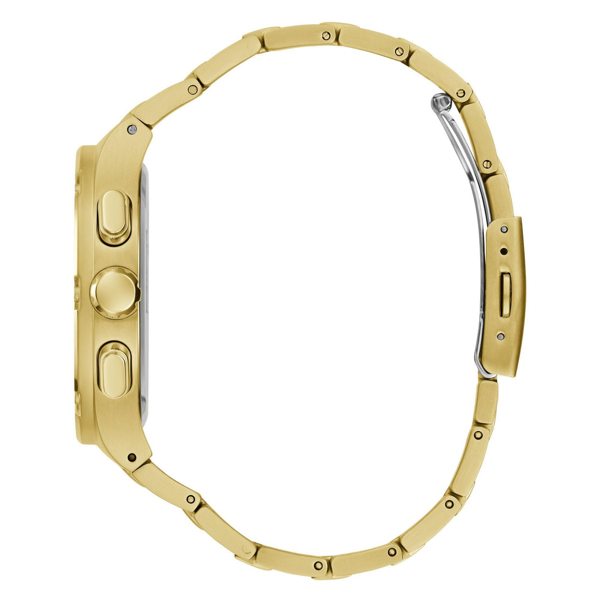Gold tone men's watch side profile with crown and buttons, matching metal link bracelet