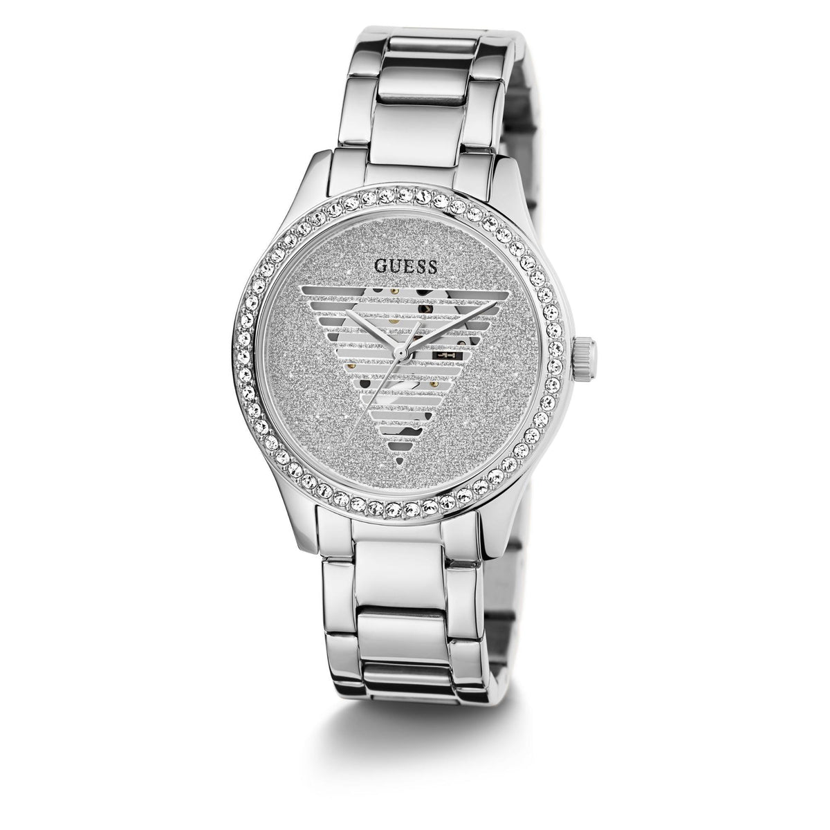 Silver-tone analog watch with rhinestone bezel and stainless steel link bracelet