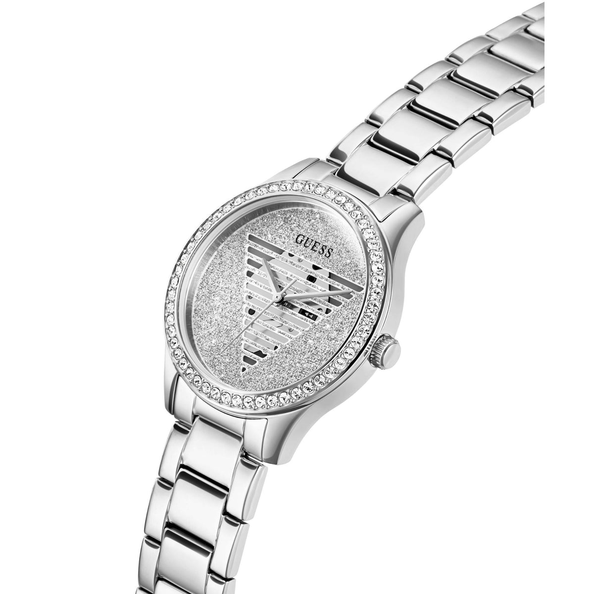 Silver-tone round analog watch with rhinestone edge and stainless steel bracelet