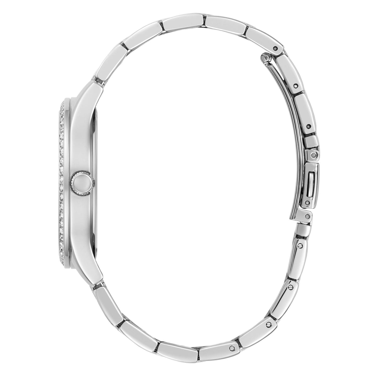 Silver-tone stainless steel watch case and link bracelet, side view