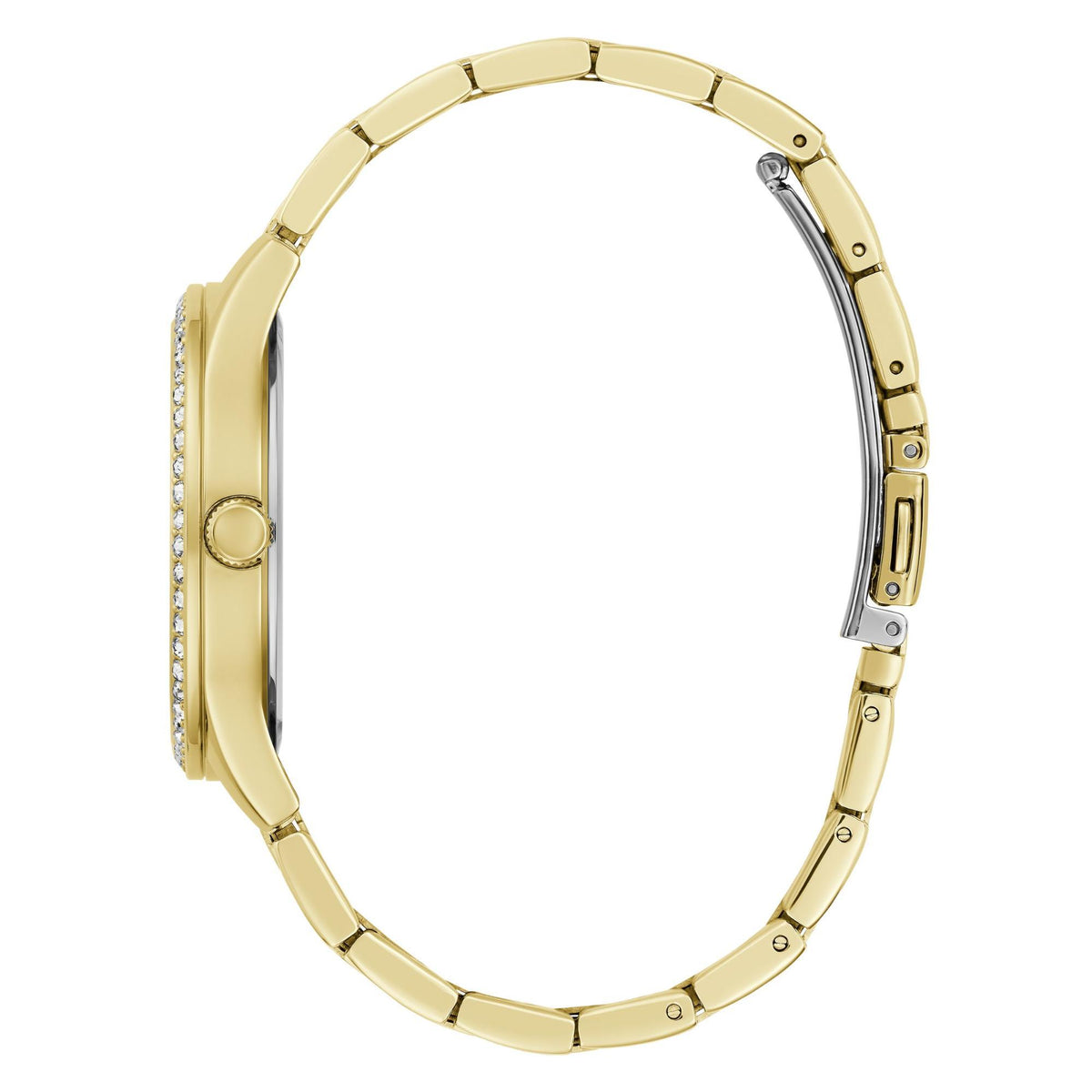Gold tone analog ladies watch side view with steel bracelet strap and jeweled bezel