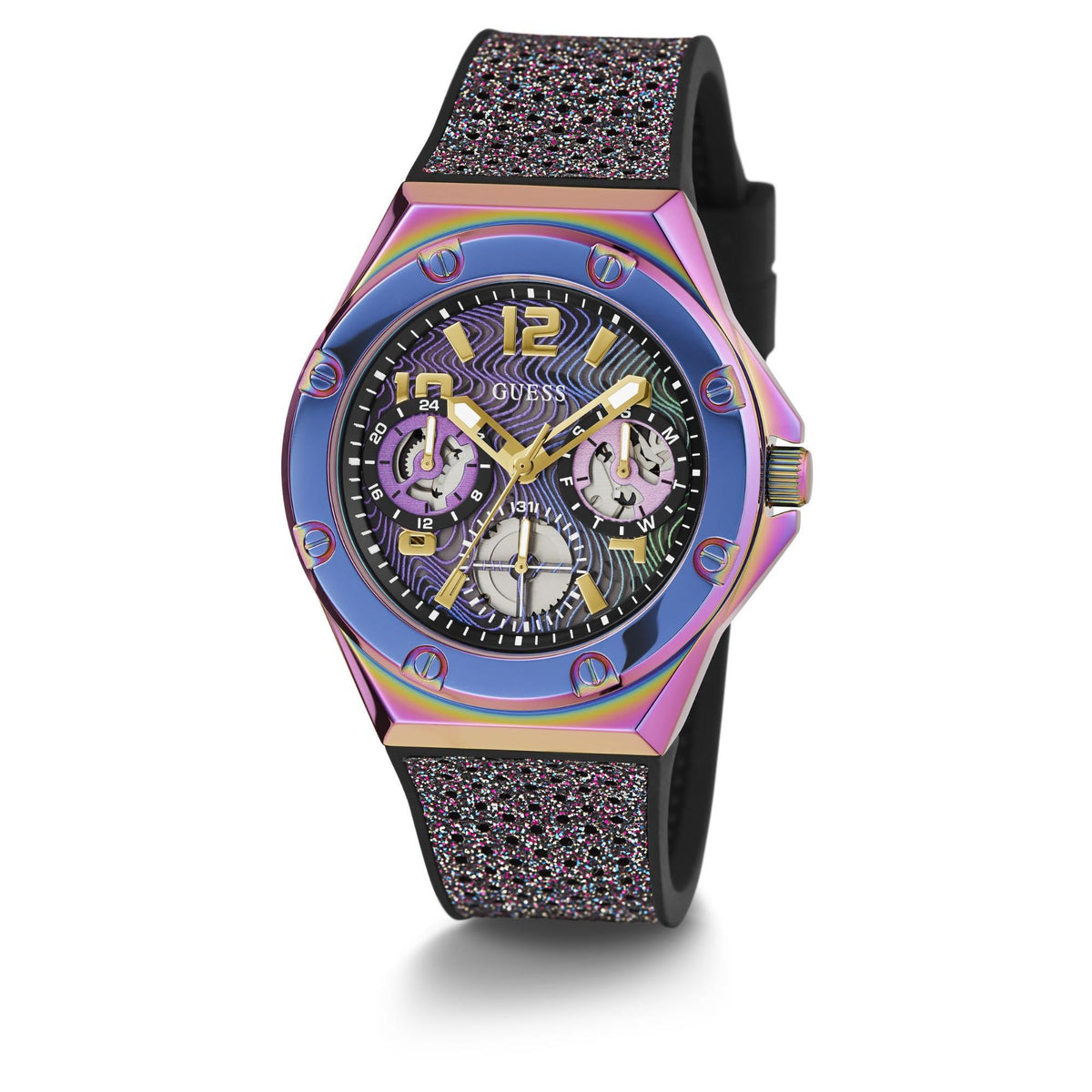 Iridescent multi-function watch with black glitter strap, side crown detail, multicolor bezel