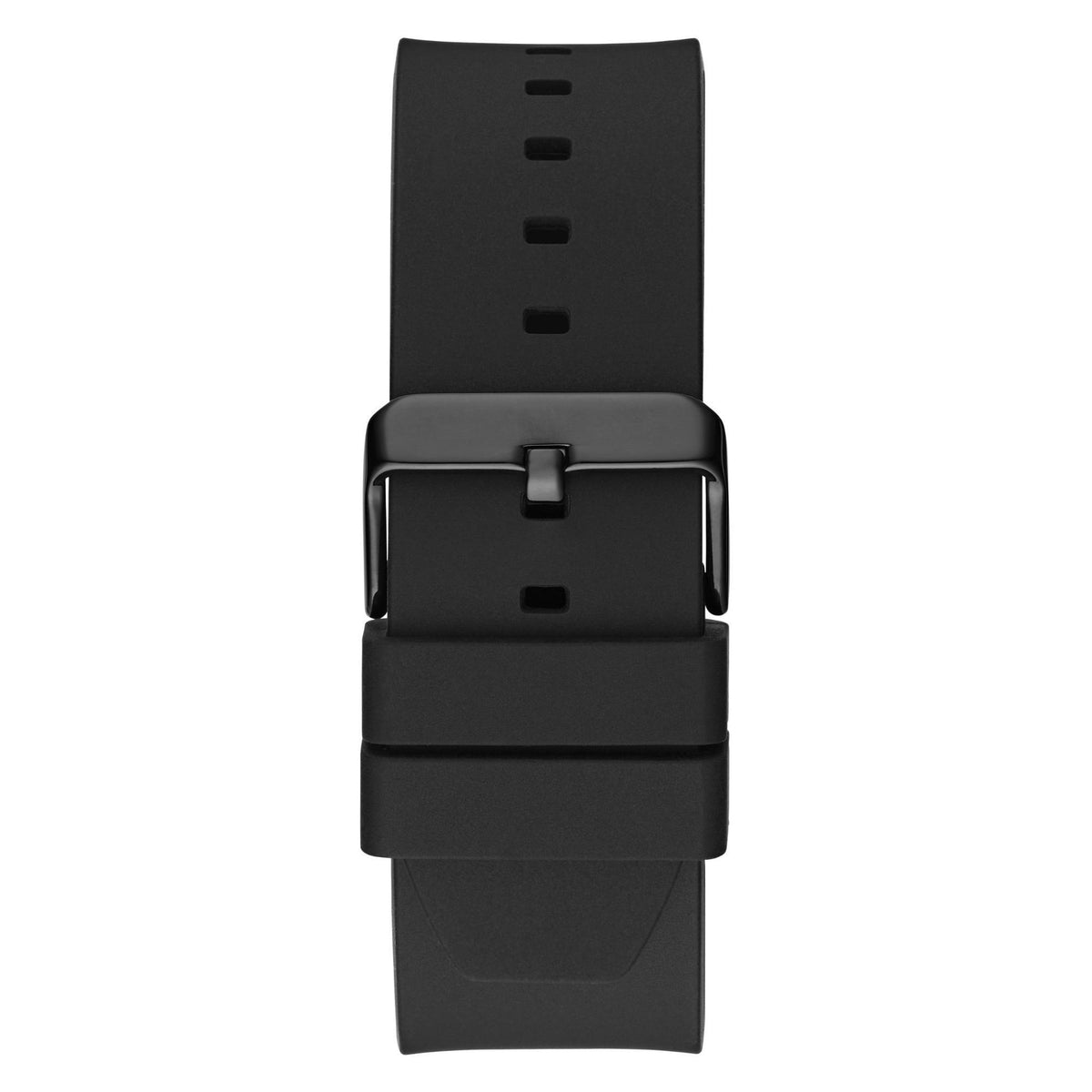 Men's black silicone watch strap with adjustable buckle and stitched strap texture