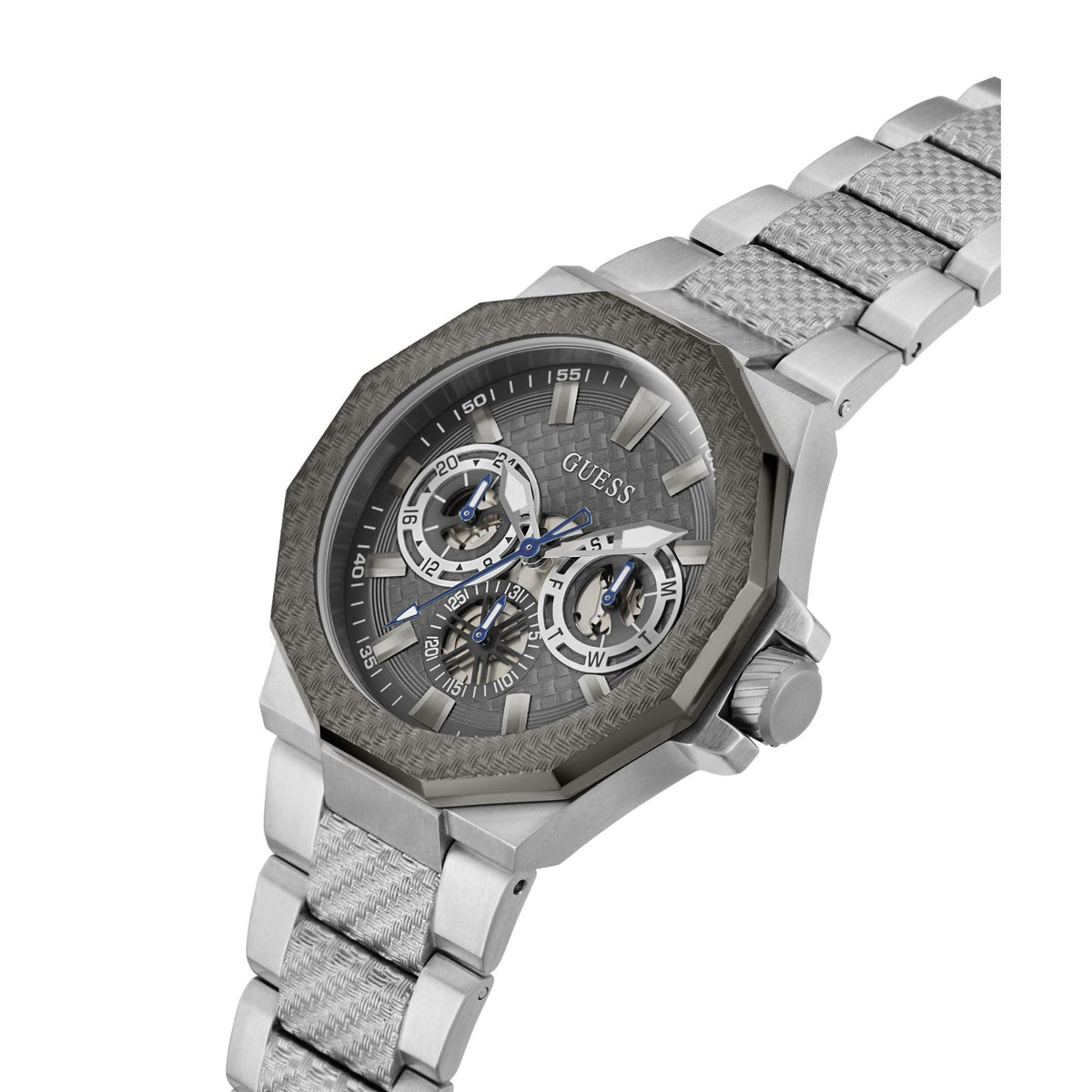 Men's grey dial chronograph-style watch with subdials, blue accents, silver-tone steel bracelet