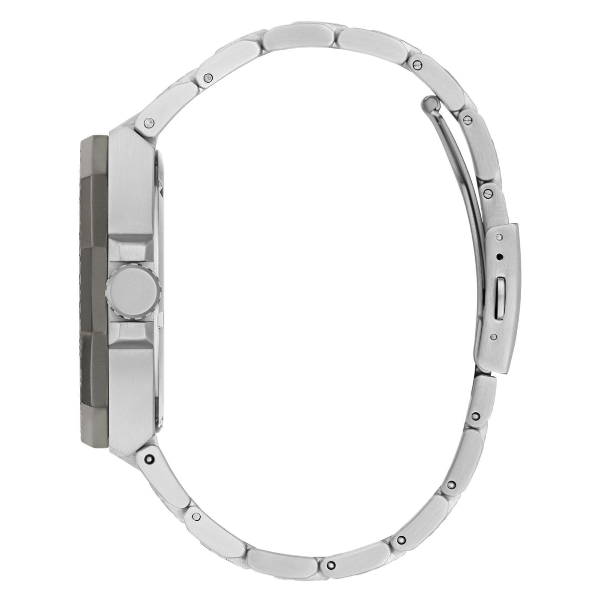 Silver-tone stainless steel watch case with linked bracelet, side view
