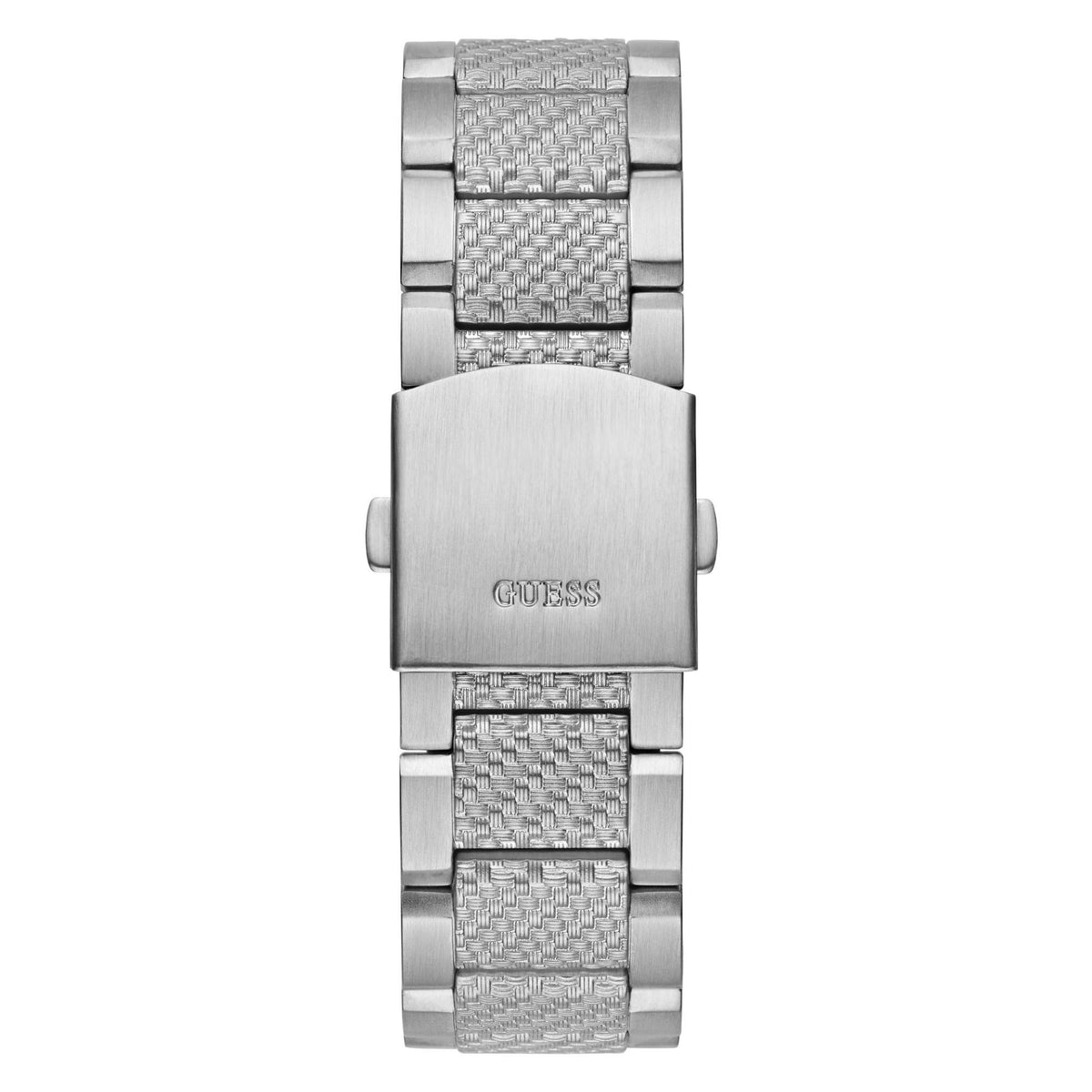 Silver-tone steel watch band with textured links and engraved clasp, front view