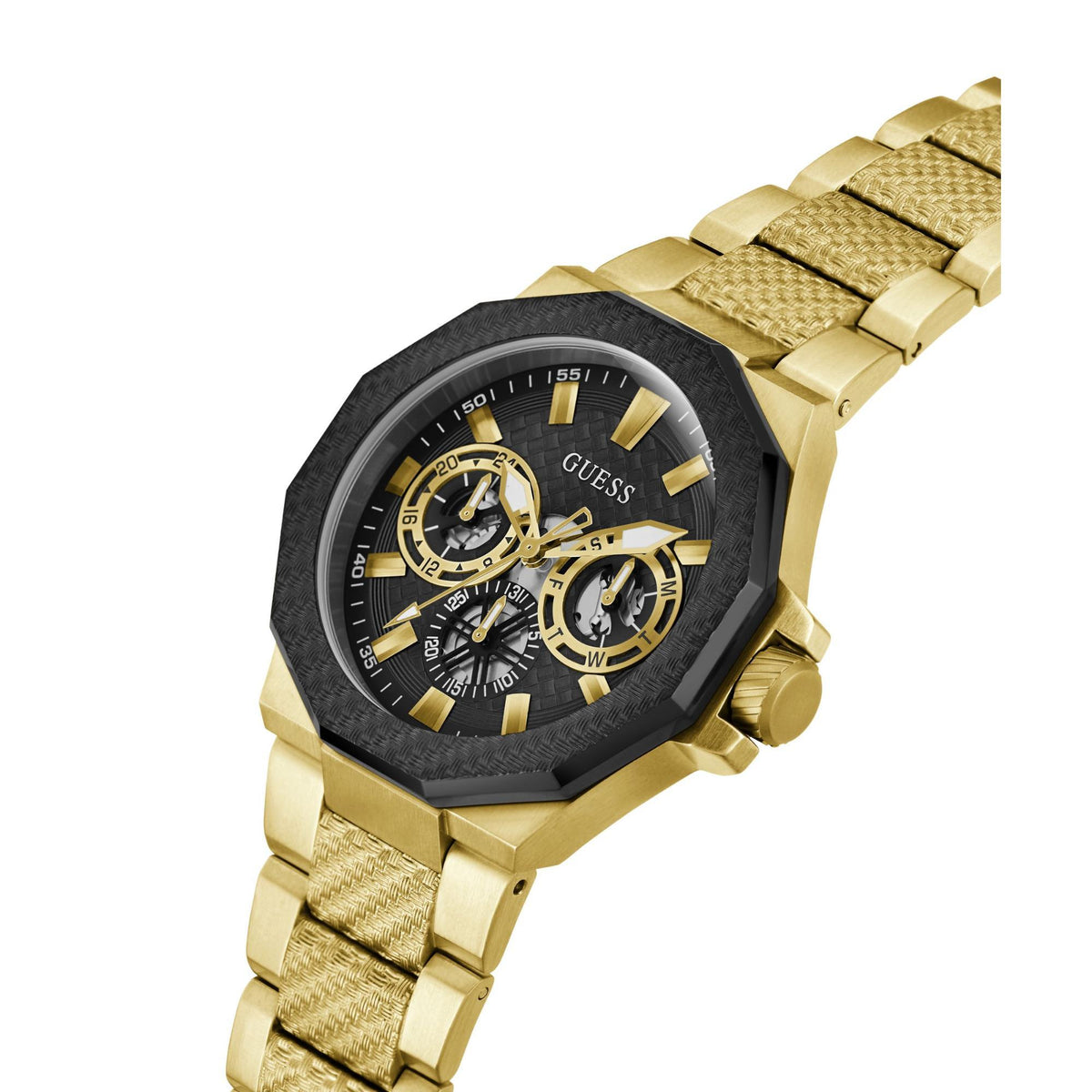 Two-tone men’s wristwatch close side view showing black dial and gold-tone textured bracelet links.
