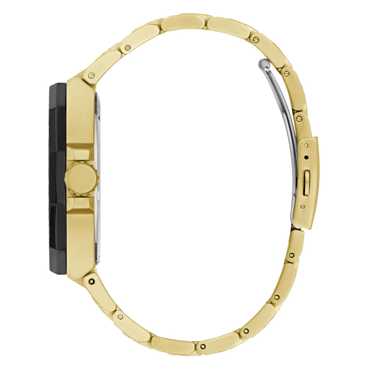 Two-tone men’s wristwatch side profile with gold-tone case and textured metal link strap.