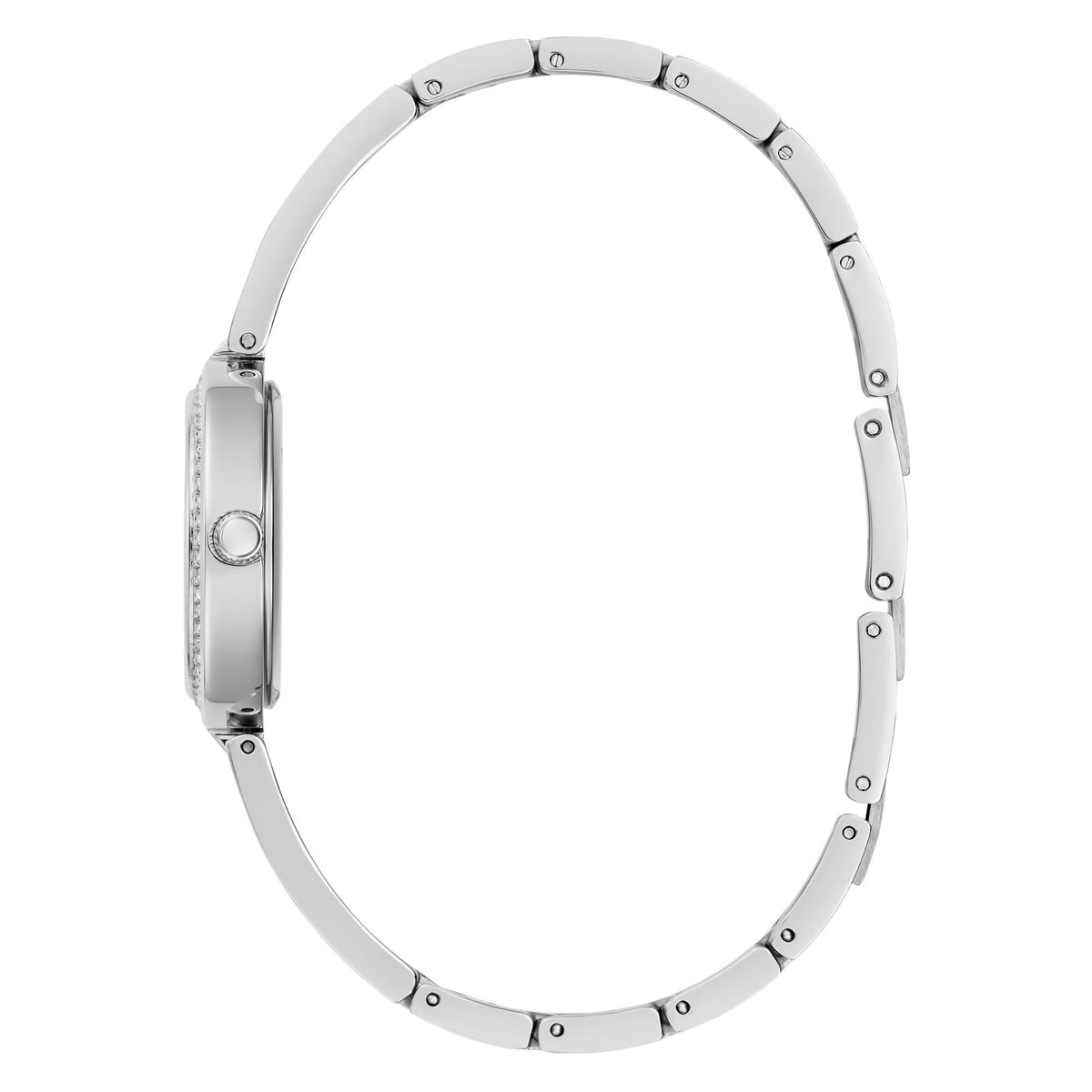 Silver-tone stainless steel watch bracelet with clasp, no dial visible