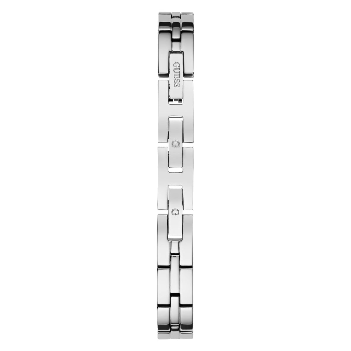 Silver-tone stainless steel watch bracelet links with clasp, side view