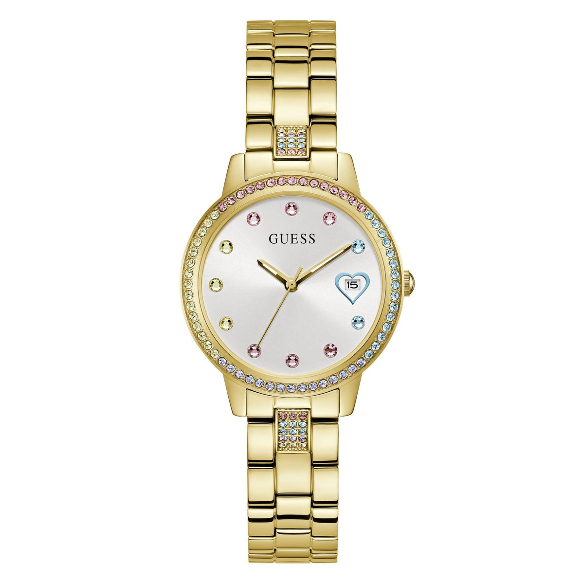 Gold tone ladies watch with white dial, crystal bezel, and date window on metal bracelet.