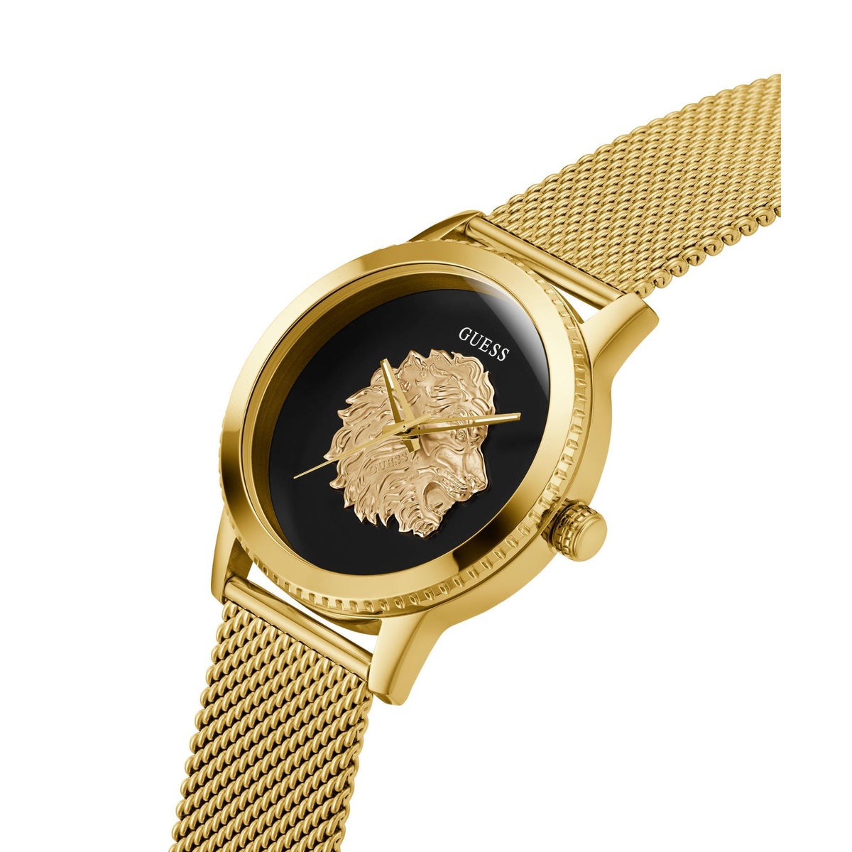 Gold-tone analog men's watch close-up of black dial with lion medallion and mesh band
