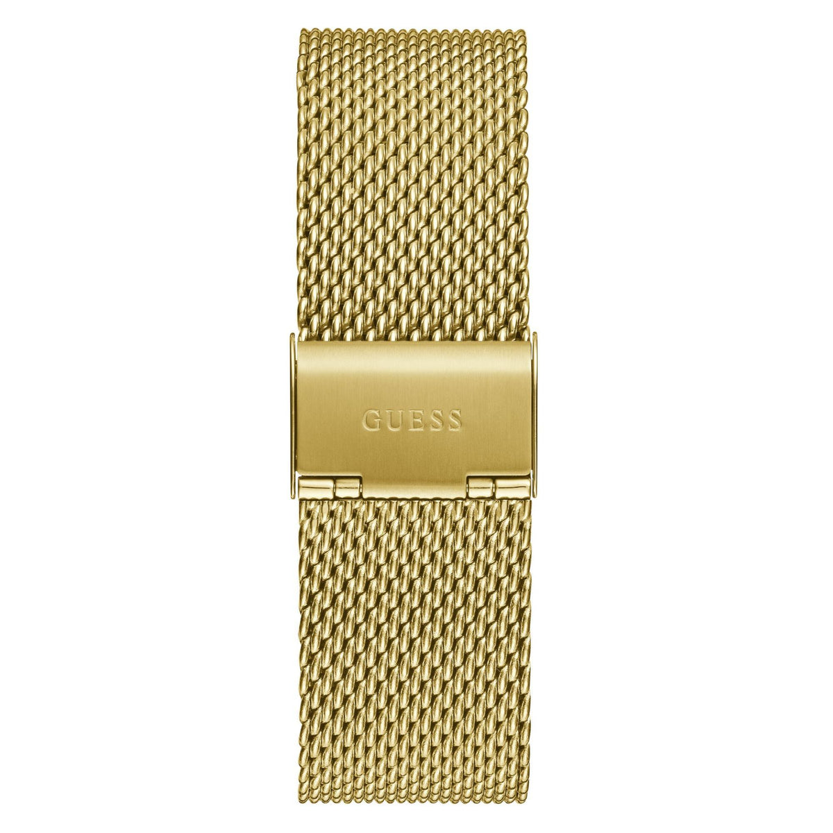 Gold-tone mesh link watch bracelet with rectangular clasp and embossed logo