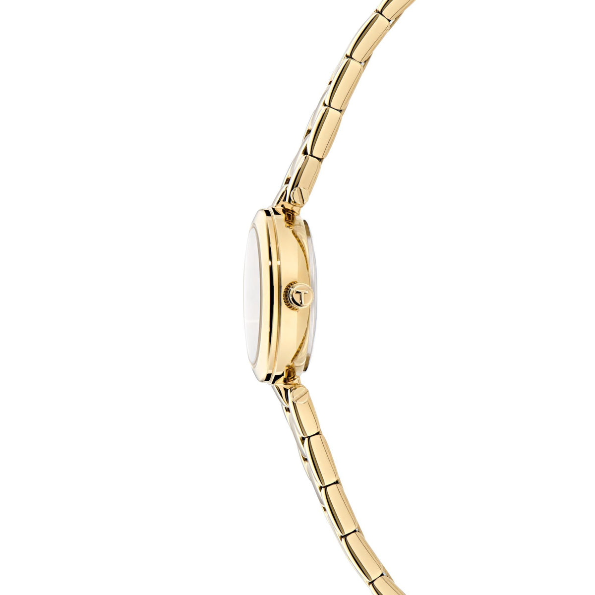Gold-tone round watch case with side crown and linked bracelet