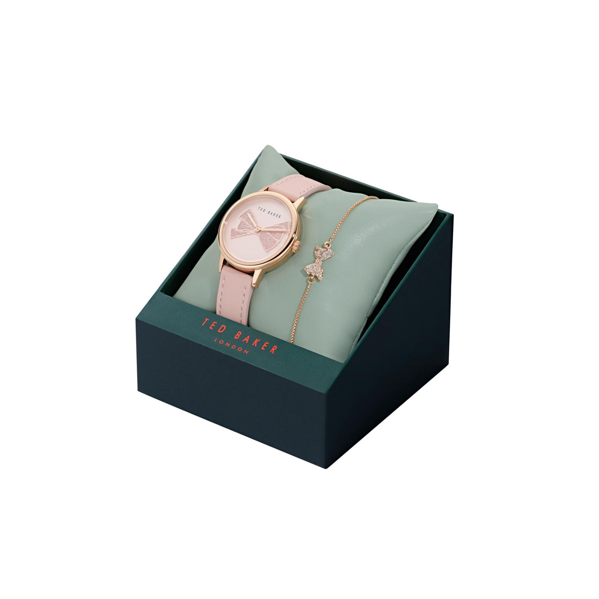 Pink dial leather strap watch and charm bracelet set in gift box, Ted Baker