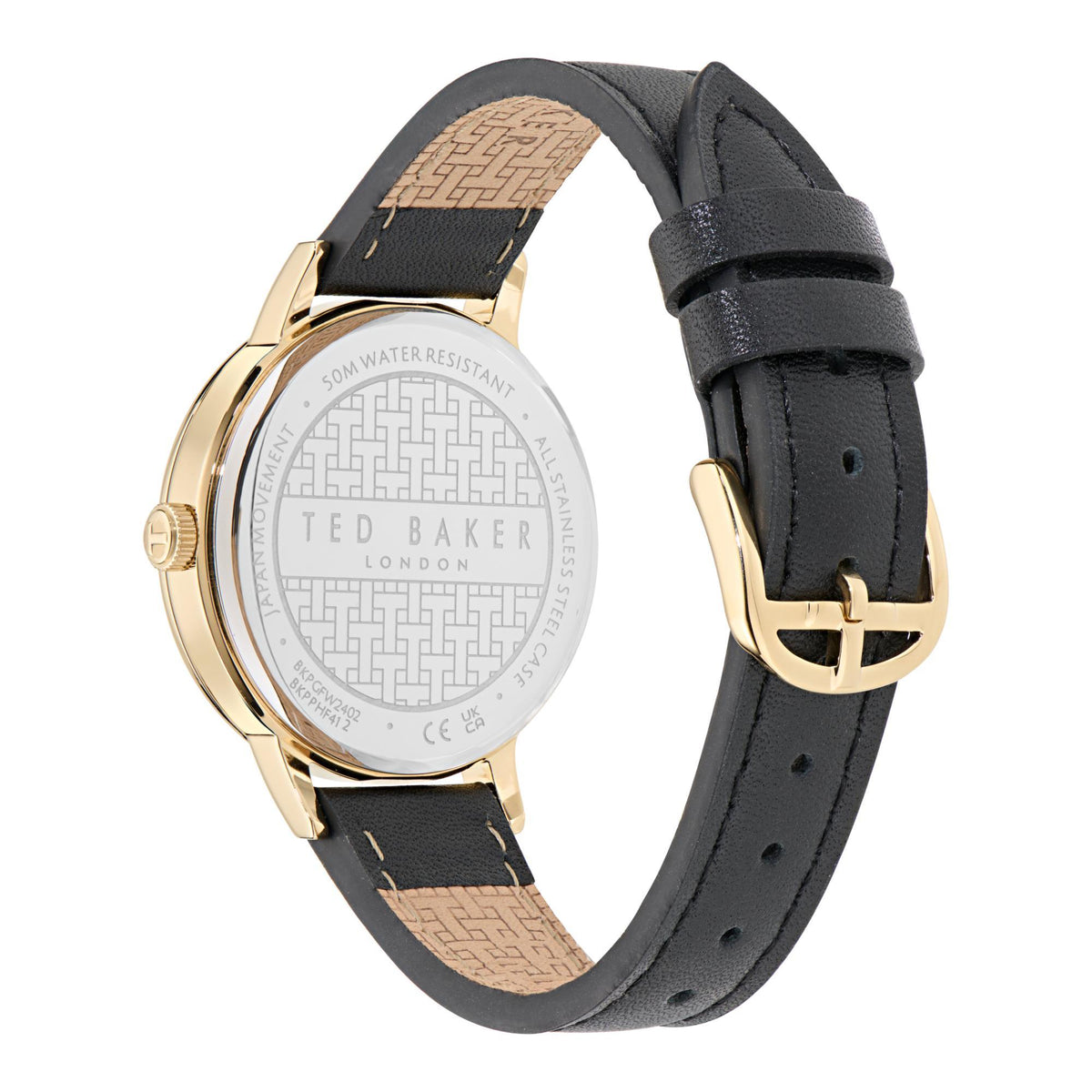 Round watch with black leather strap, gold-tone buckle, textured clasp detail