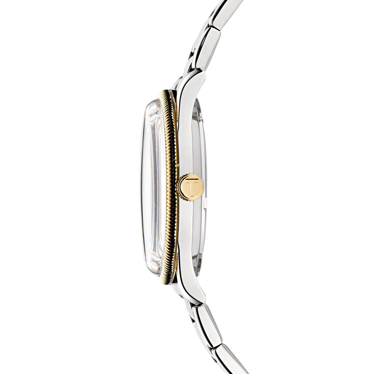 Men's stainless steel watch side view with gold-toned crown and polished bracelet