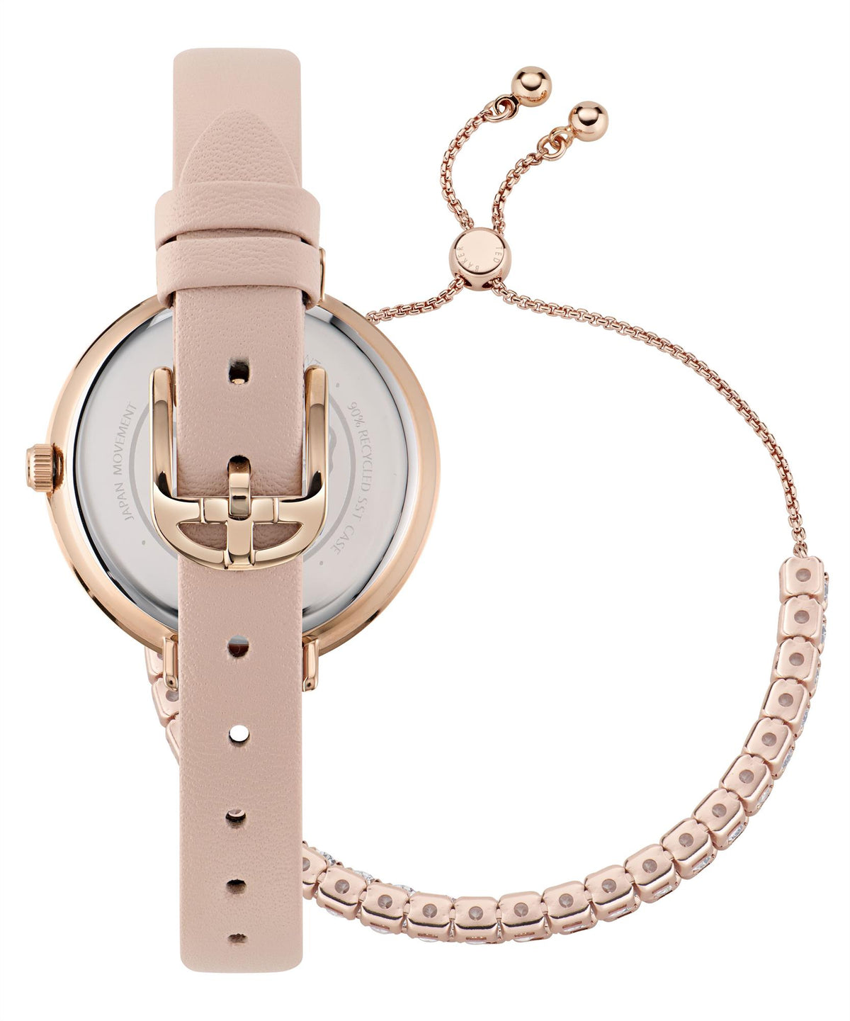 Ladies leather strap watch showing clasp and bracelet links with pale pink band and gold-tone case