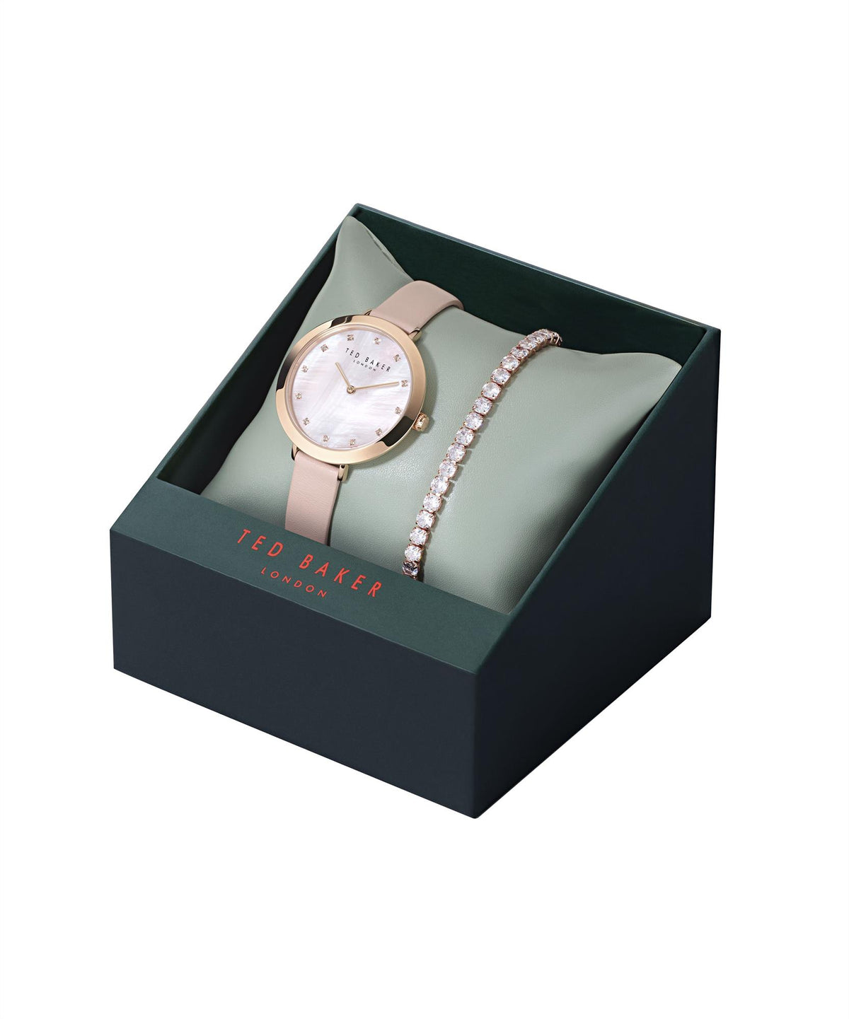 Gift set: ladies watch with pale pink leather strap and crystal bracelet in green box