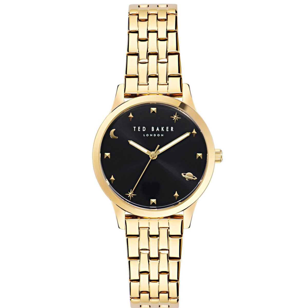 Ladies rose gold-tone stainless steel wristwatch with black star dial and link bracelet