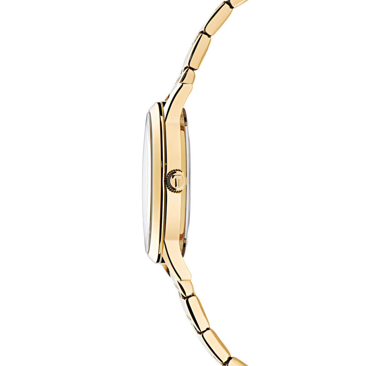 Rose gold-tone wristwatch side profile with smooth case and crown detail
