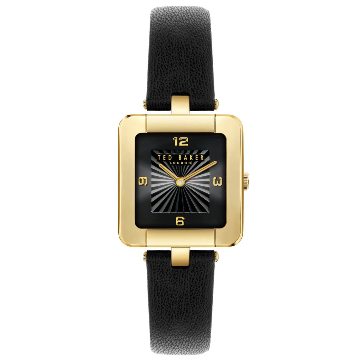 Square black dial ladies watch with black leather strap and gold-tone case