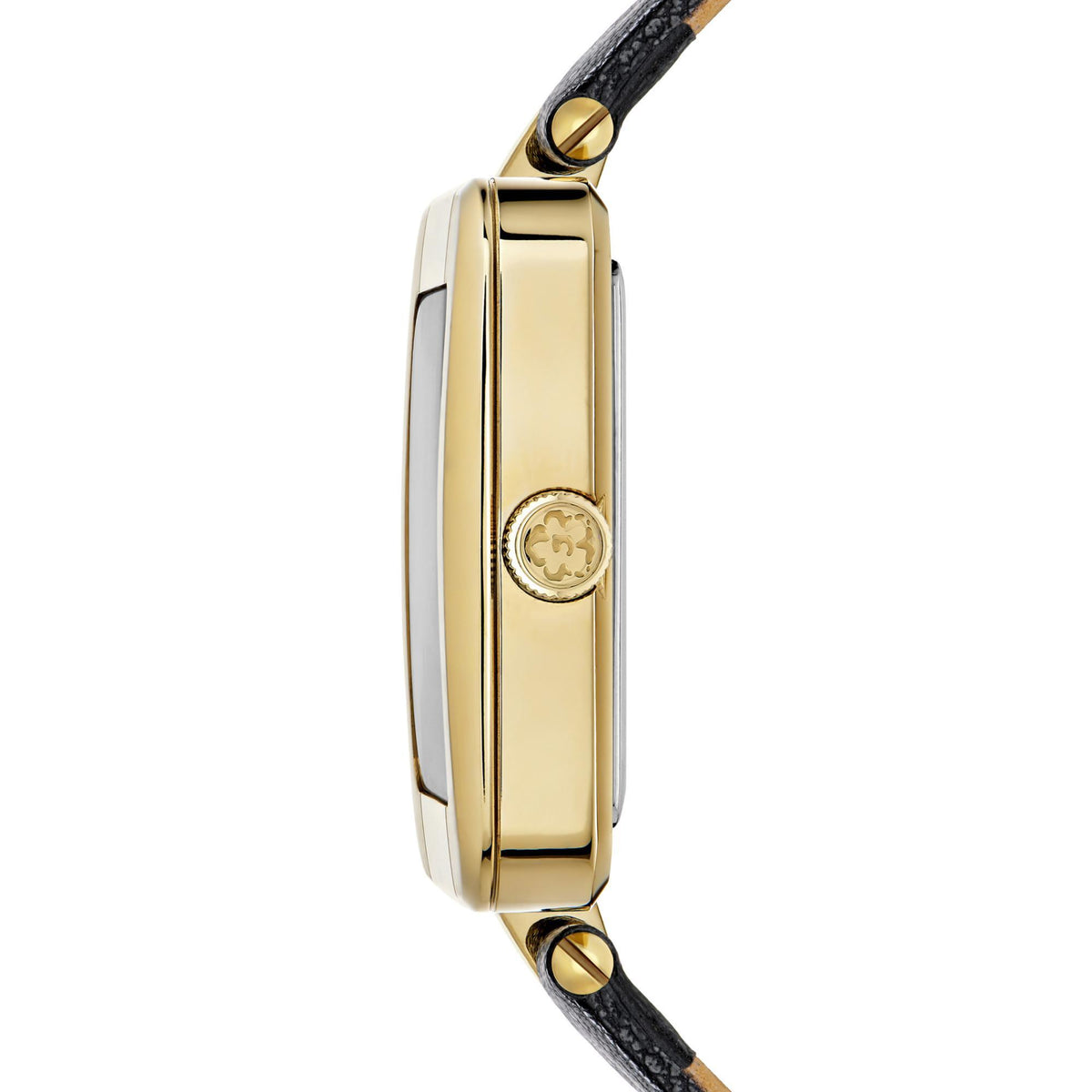 Gold-tone watch case with crown and black leather strap, side view