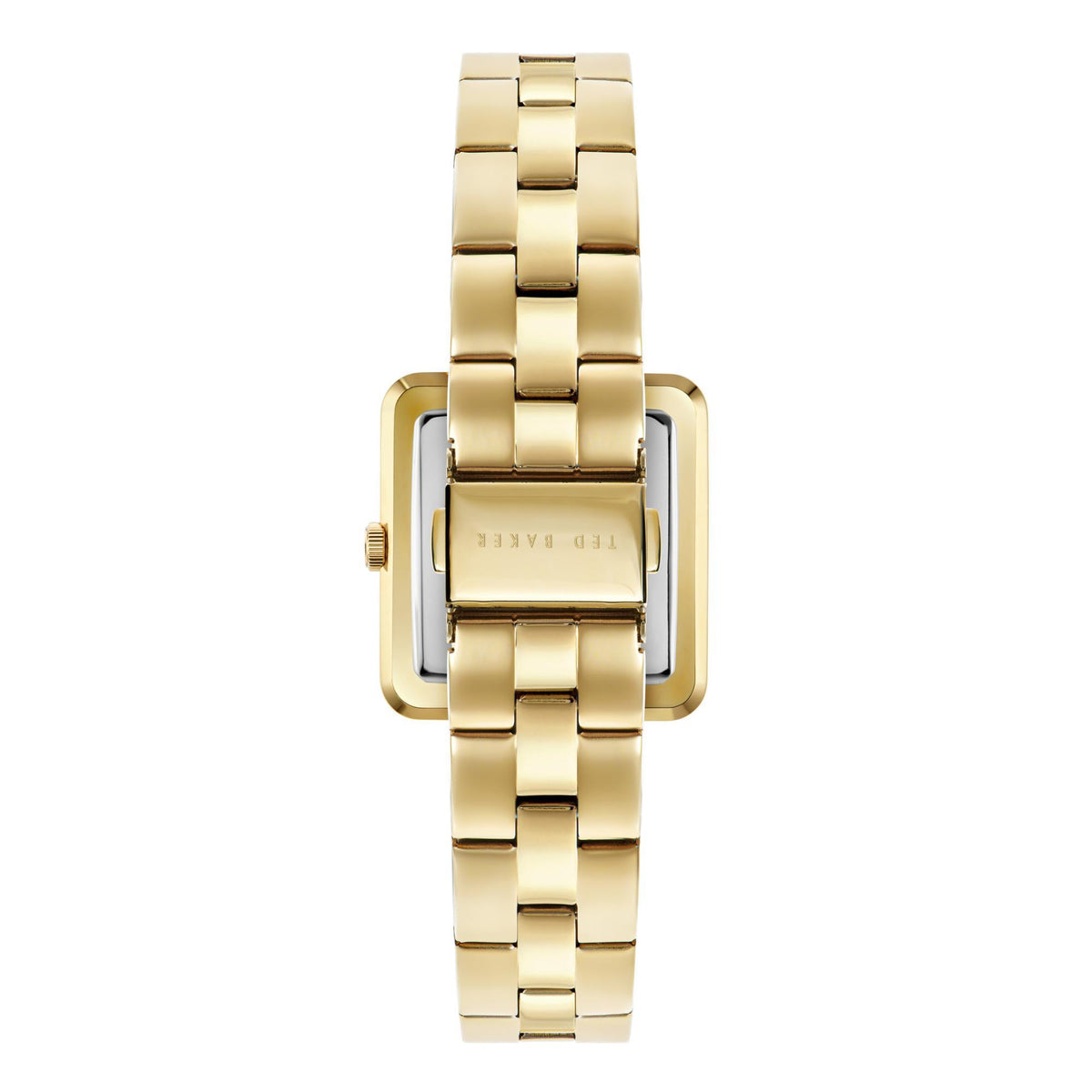 Women's gold-tone stainless steel watch, caseback view with integrated bracelet links