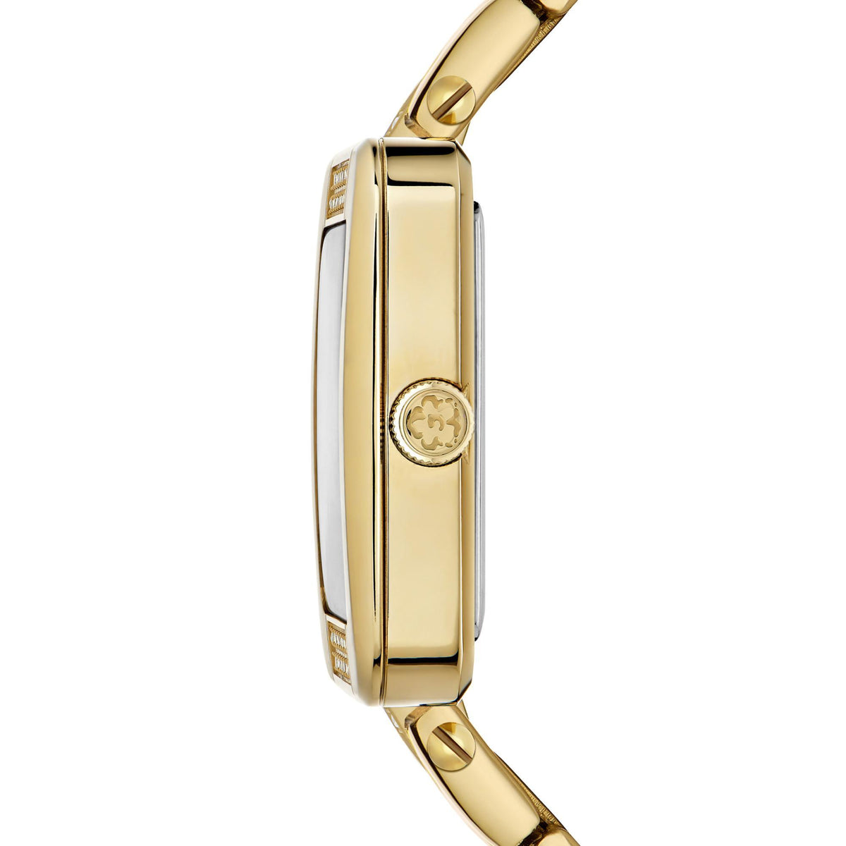 Women's gold-tone watch side view with crown and polished case detail