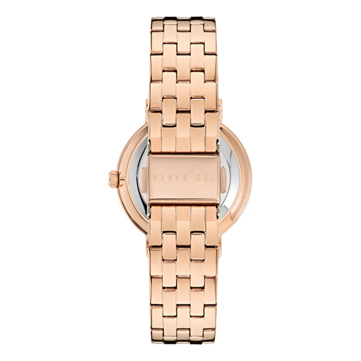 Rose gold-tone stainless steel watch back view with metal link bracelet and crown detail