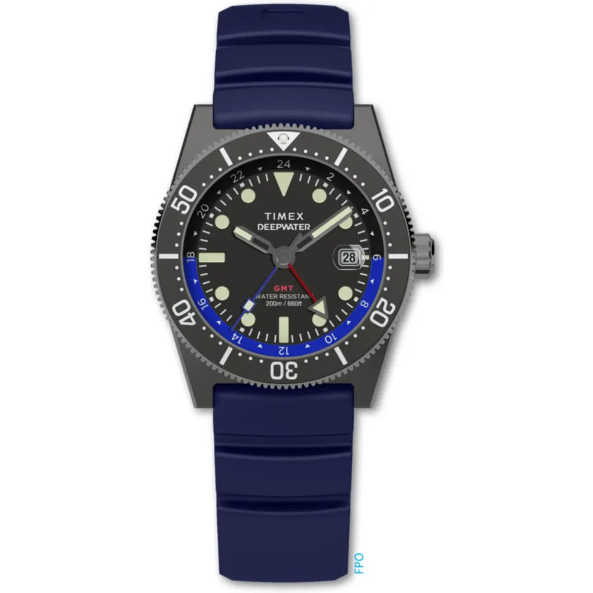 Men’s quartz dive watch with dark dial, blue rubber strap, and rotating bezel