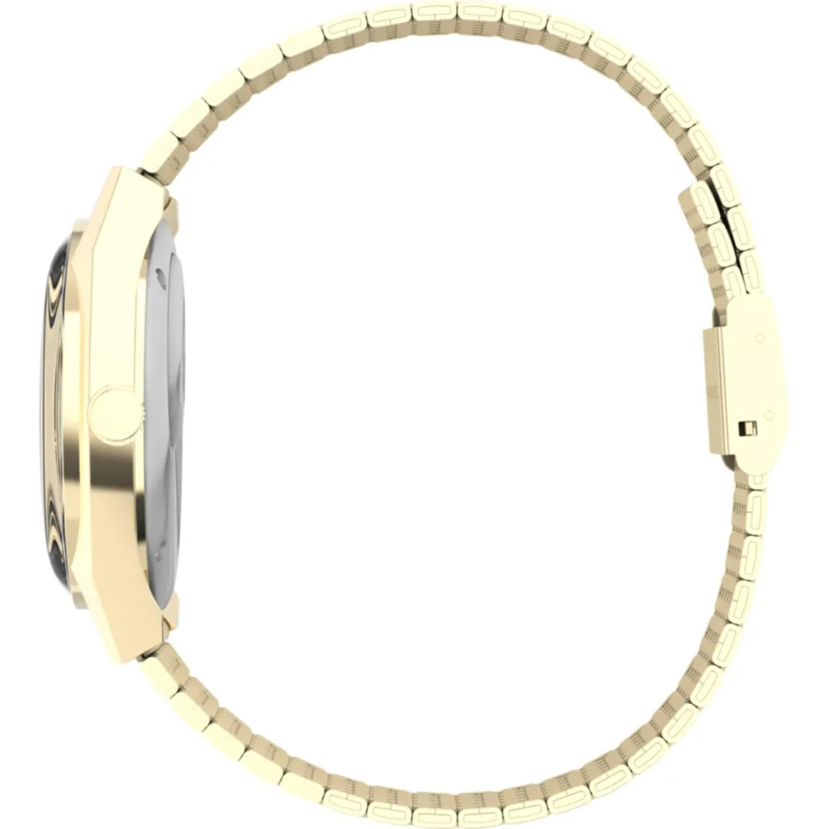 Gold-toned steel wristwatch case and link bracelet, side view