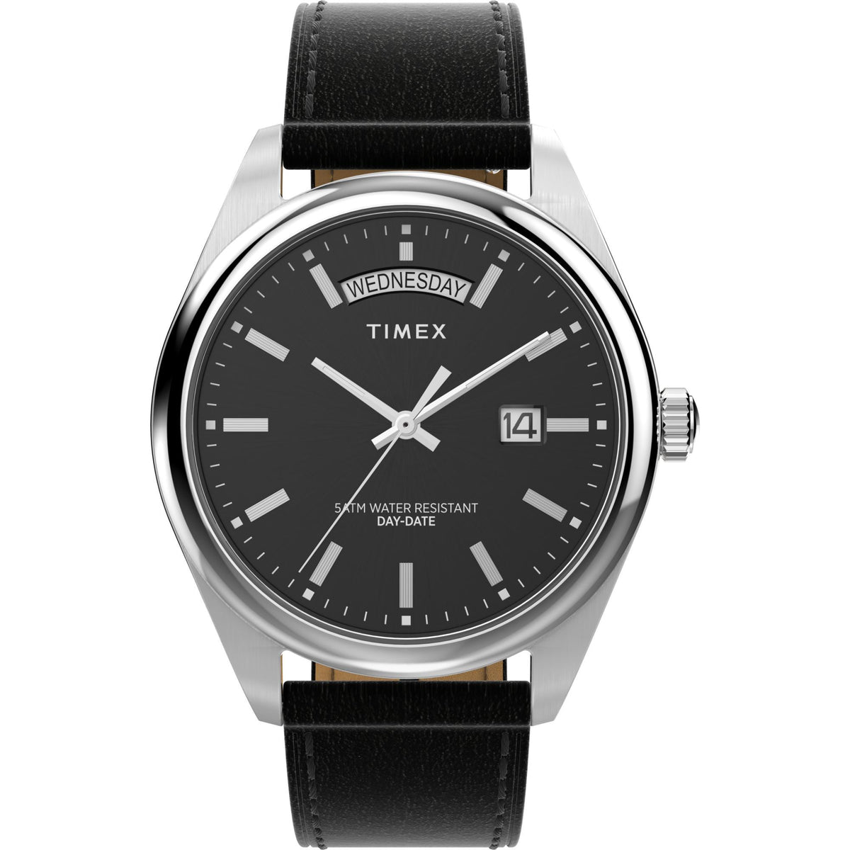 Timex 41mm quartz watch with black dial, silver bezel, leather strap, date window