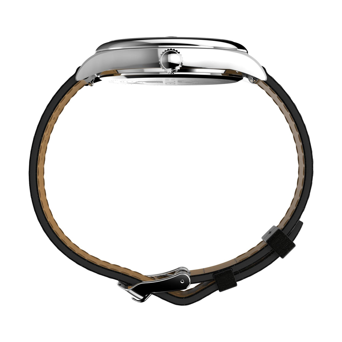Timex quartz watch case with black leather strap and crown, back view
