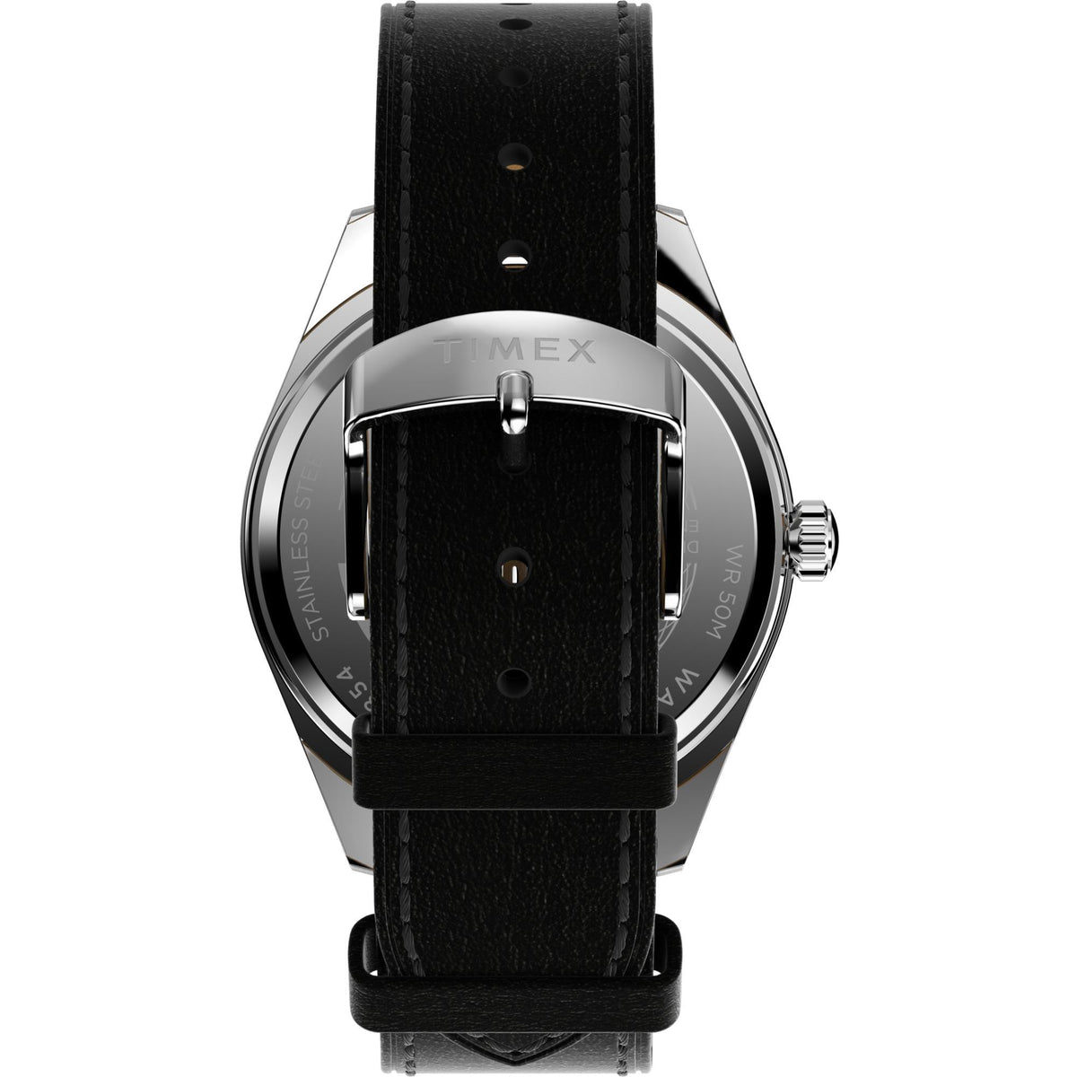 Timex quartz watch with black leather strap, silver case, visible lugs