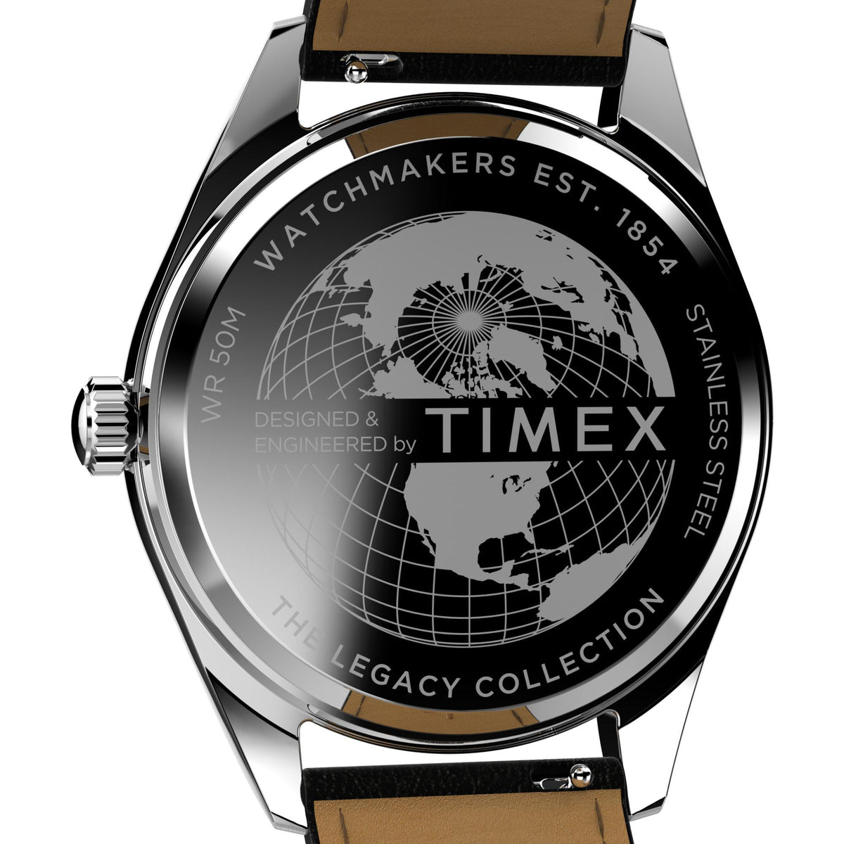 Timex stainless steel watch back with globe engraving and Legacy Collection text