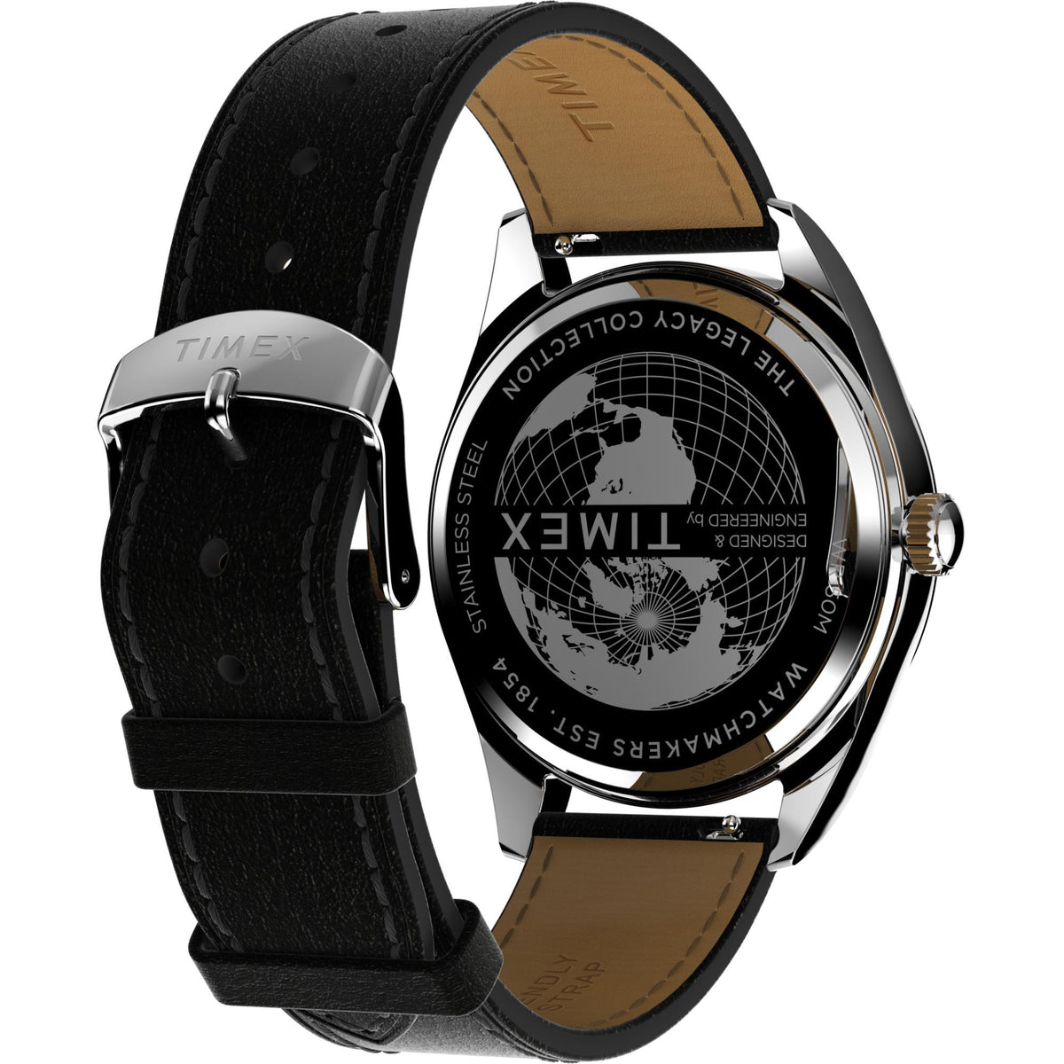Timex quartz watch with black leather strap and engraved stainless case back
