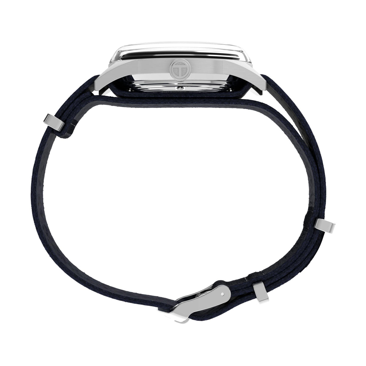 Men's automatic watch with dark navy fabric strap and silver case, caseback view