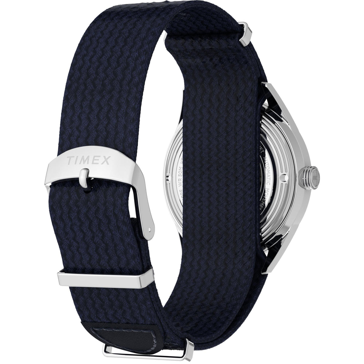 Men's automatic watch with dark navy woven strap and silver case, angled view