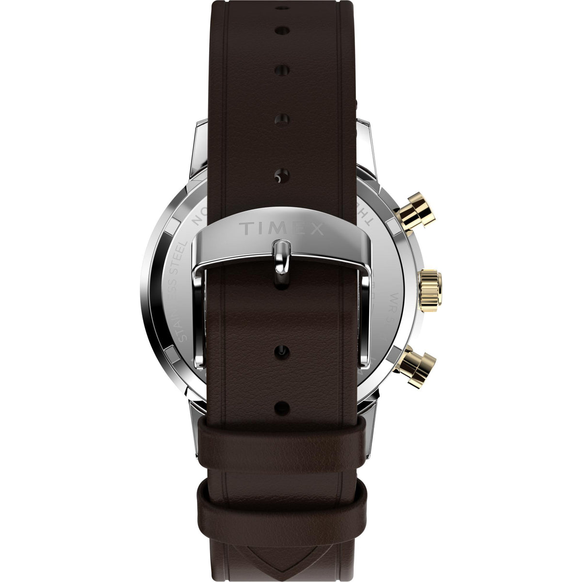 Timex watch side profile with brown leather strap and gold pushers