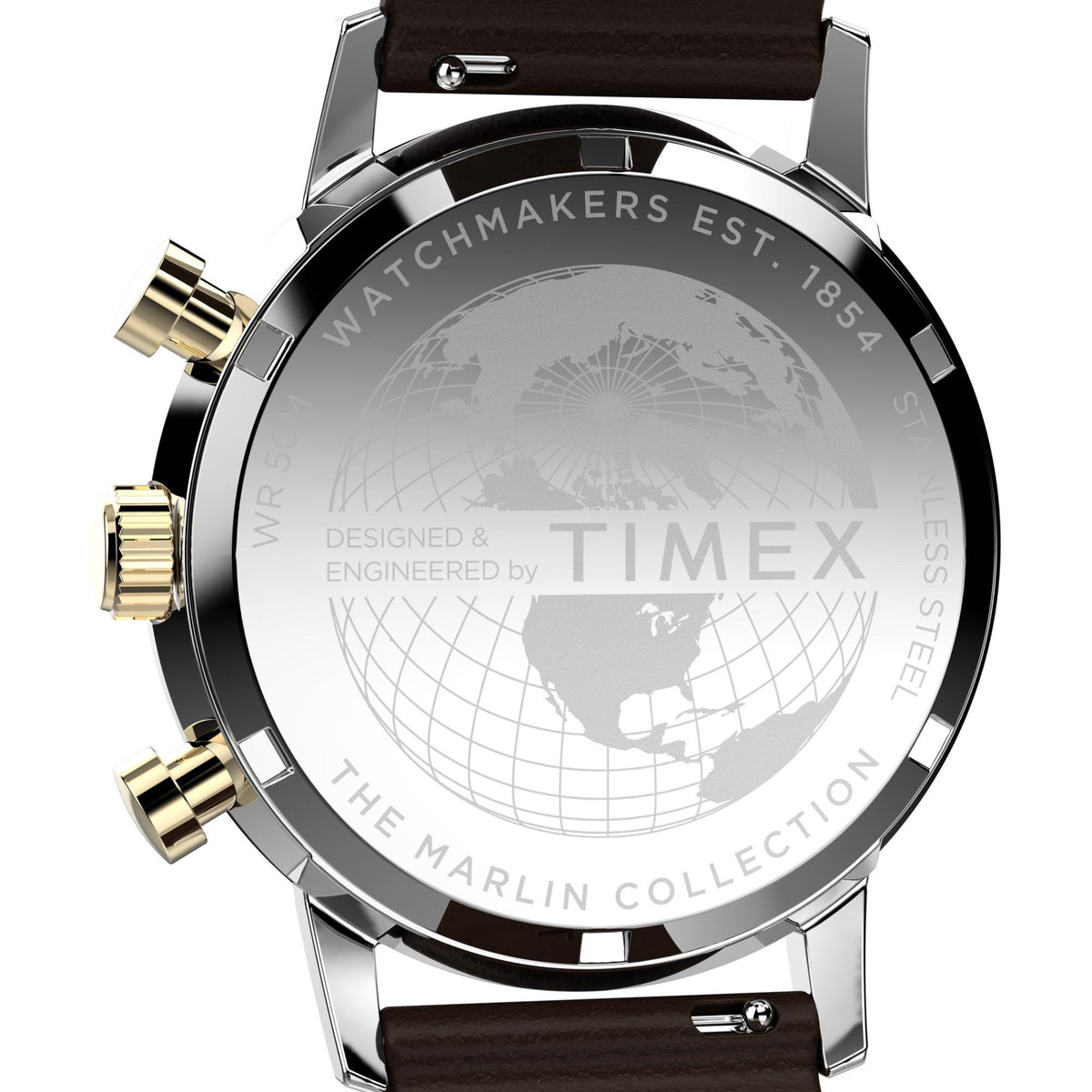 Timex watch case back with globe engraving, brown leather strap, gold side details