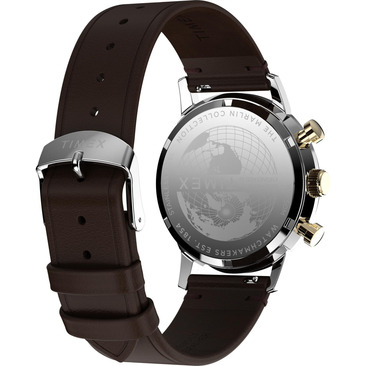 Timex watch with brown leather strap, silver case, and engraved world map back