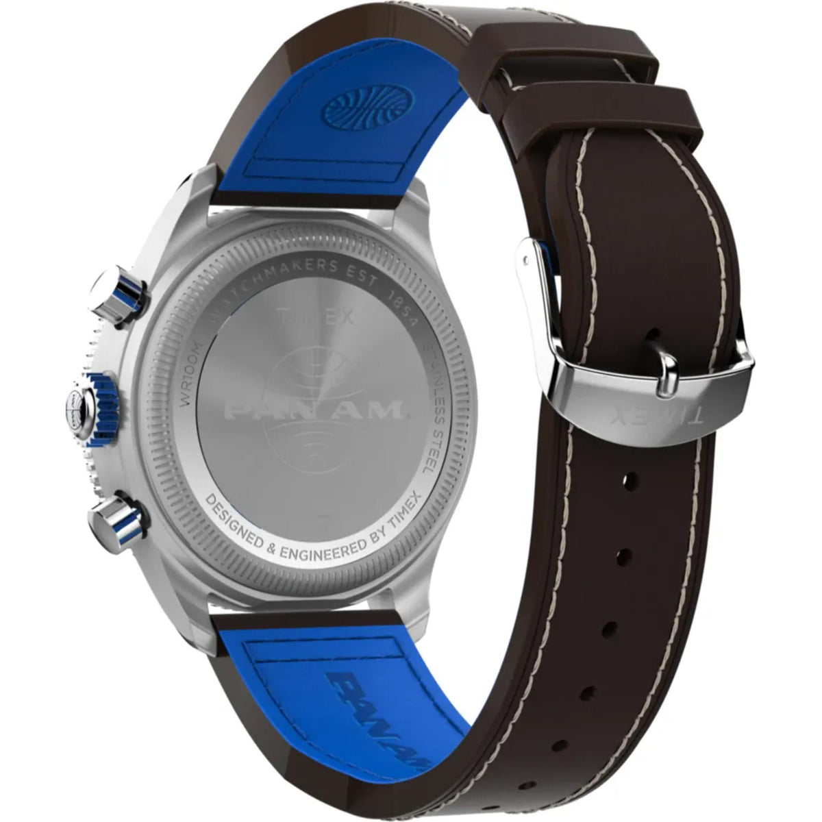 Men's chronograph watch back view, stainless steel caseback, blue strap with brown top