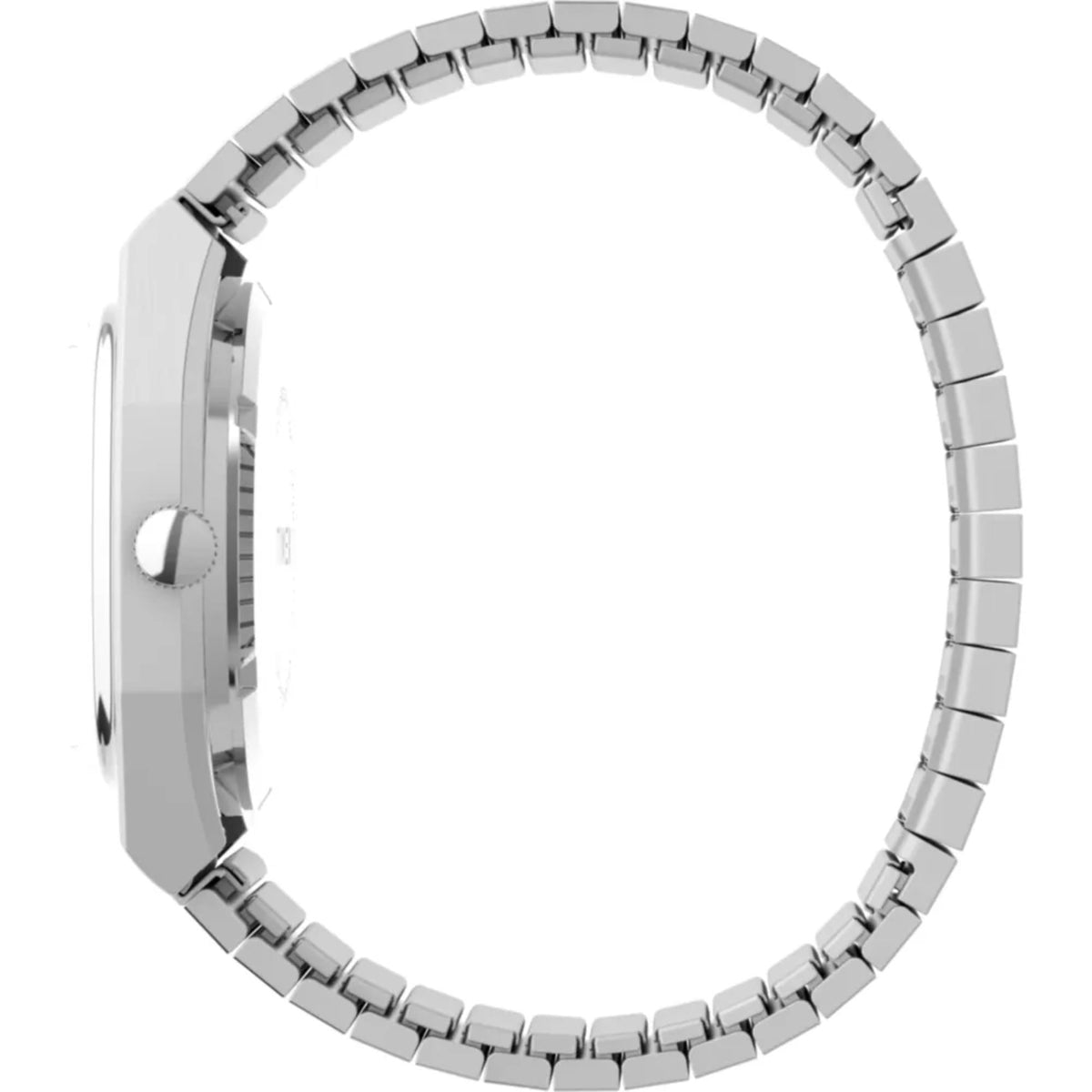 Steel watch bracelet links, side profile with round crown and polished case