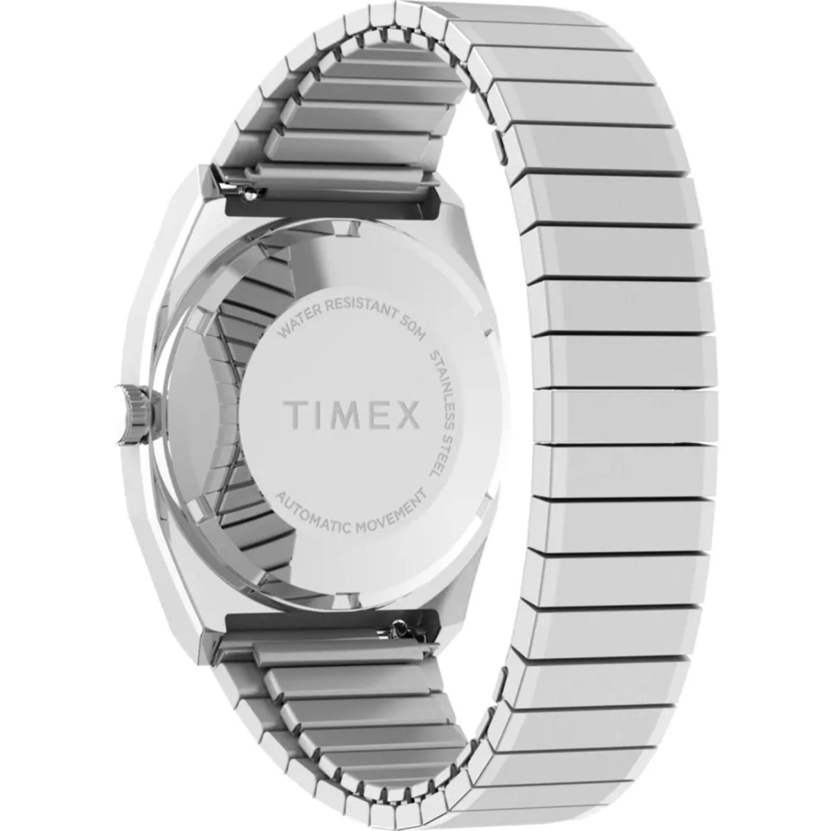 Steel automatic wrist watch case with transparent back window and striped bracelet