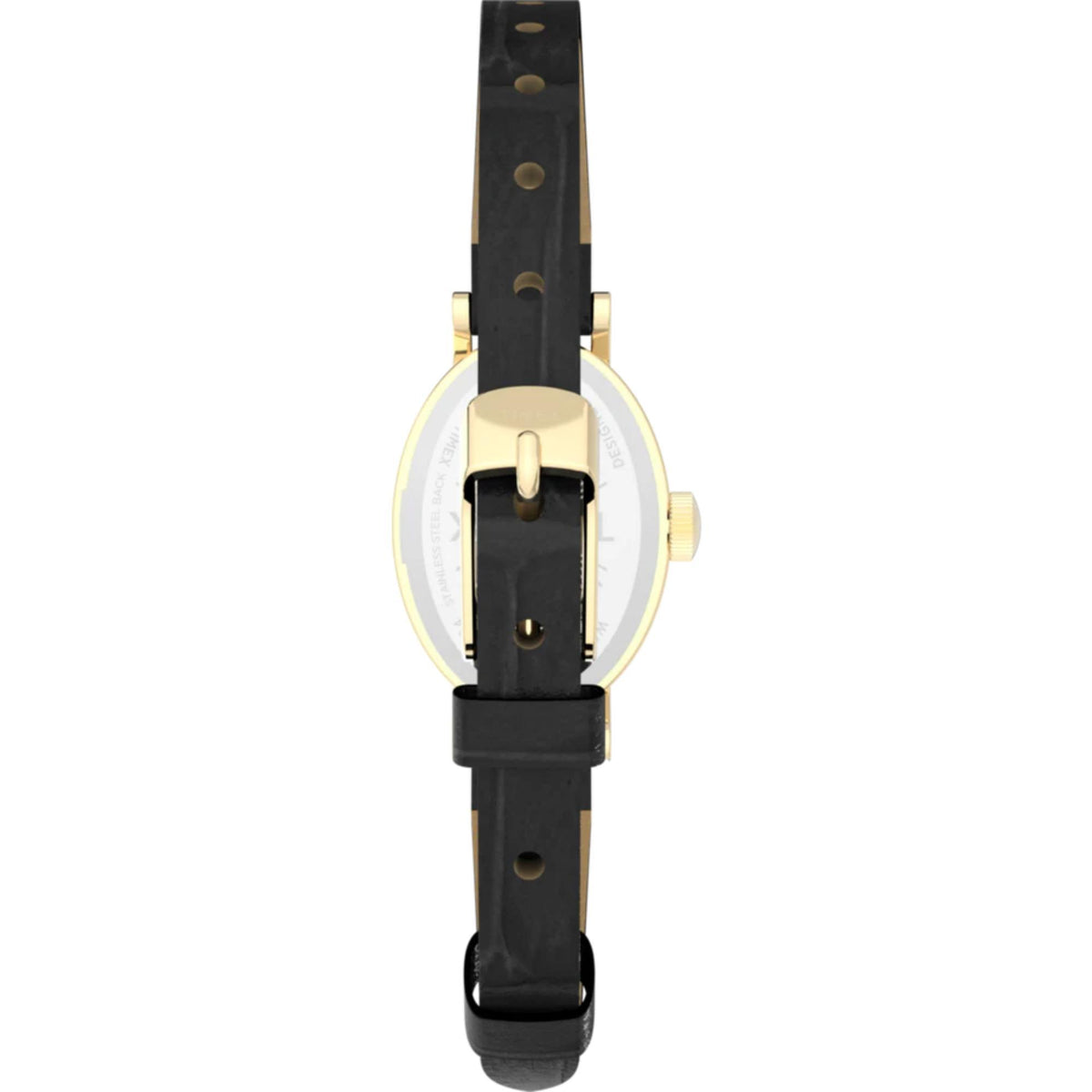 Ladies watch side view with black leather strap, gold-tone case back and crown details