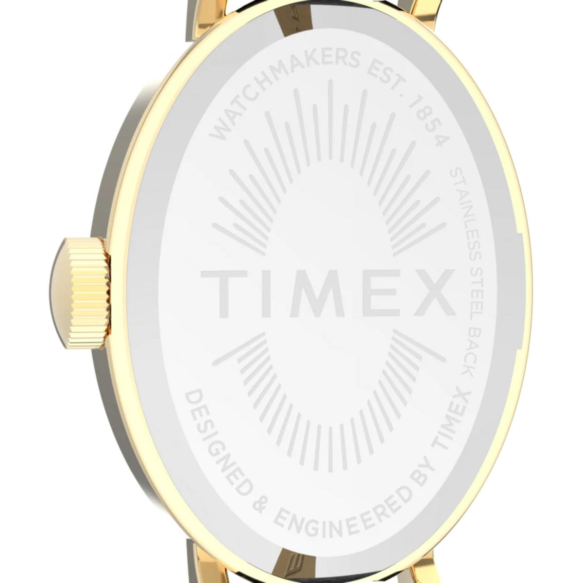 Gold-tone watch case back with engraved “TIMEX” logo and decorative radiating pattern